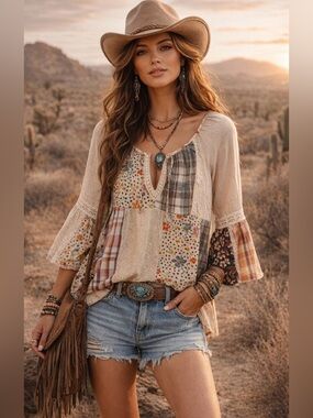 New ‼️ Young Threads Boho 🌺 Patchwork Peasant Blouse Festival Cottagecore Top